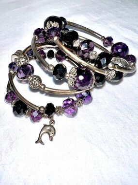 Silver Tone Wrap Bracelet Purple Black Beaded Multi Strand Dolphin Charm